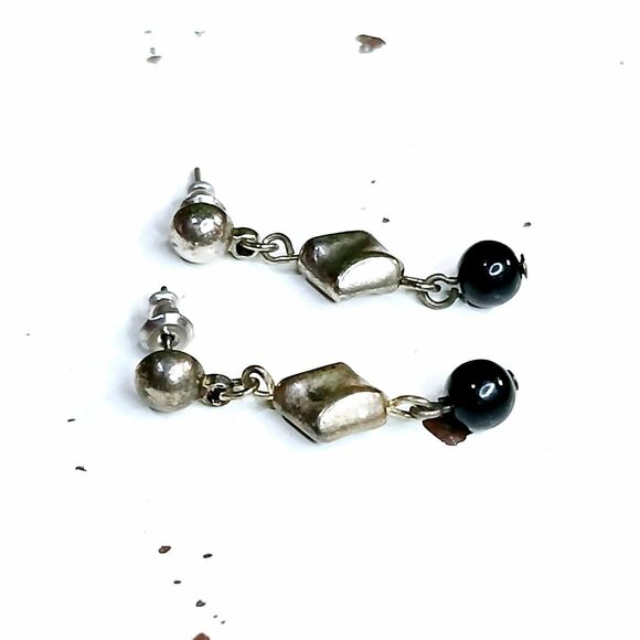 Vintage Black Glass Beaded Dangle Stud Earrings - Picture 2 of 4
